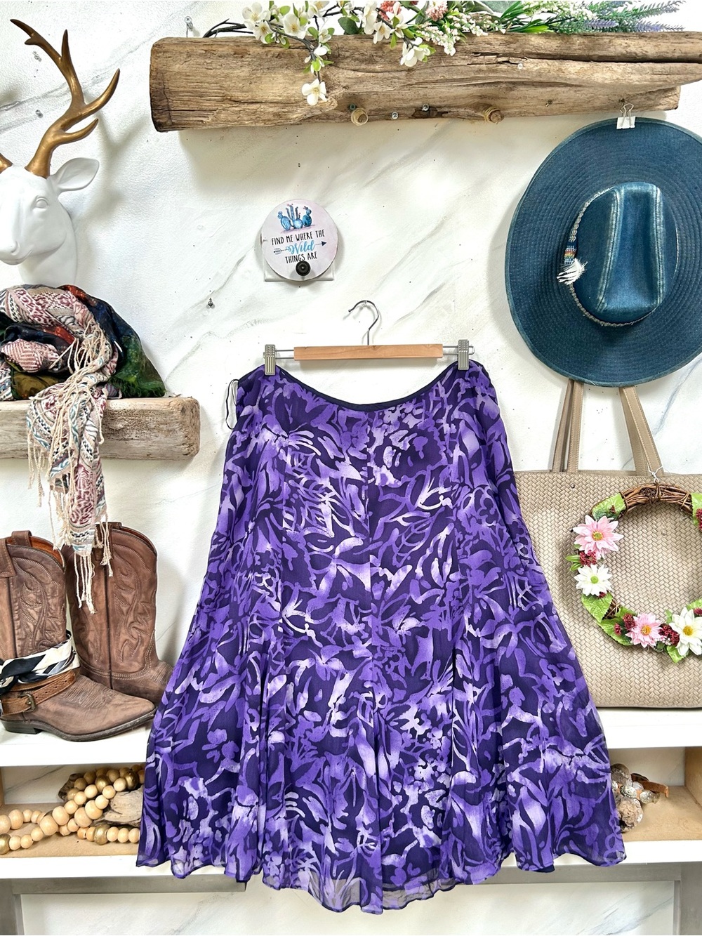 Silk Women's Purple Floral Print Midi Skirt - Flowing A-Line Style